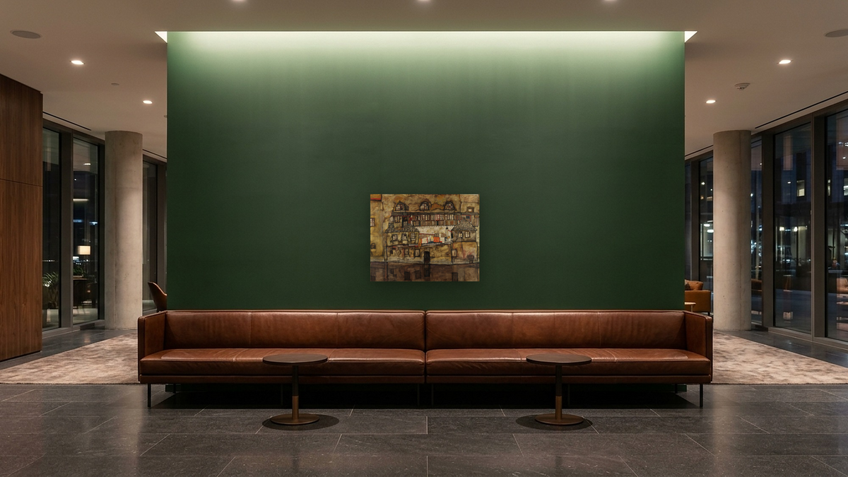 House Wall on the River by Egon Schiele, shown at 32 × 40 in (81.3 × 101.6 cm) as gallery-wrapped canvas, hotel lobby