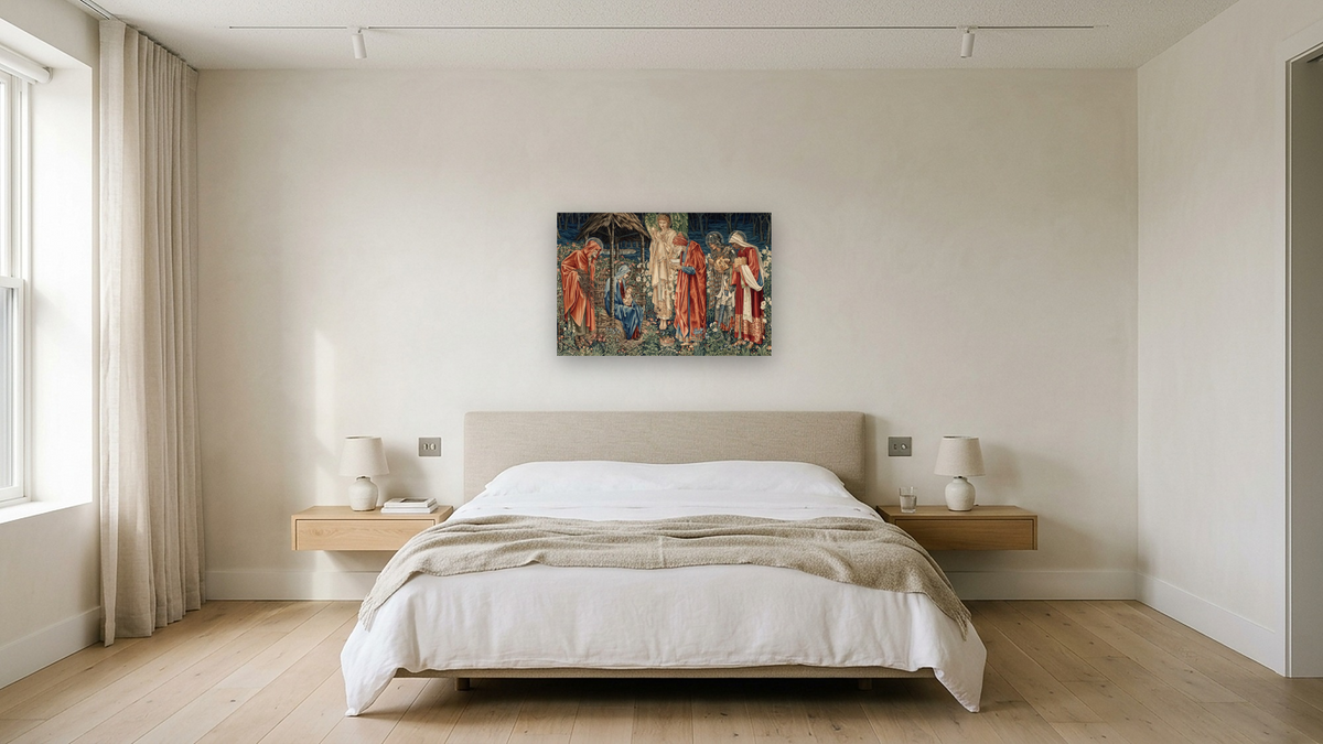 The Listener by Edward Burne-Jones, shown at 28 × 42 in (71.1 × 106.7 cm) as gallery-wrapped canvas, hotel guest room