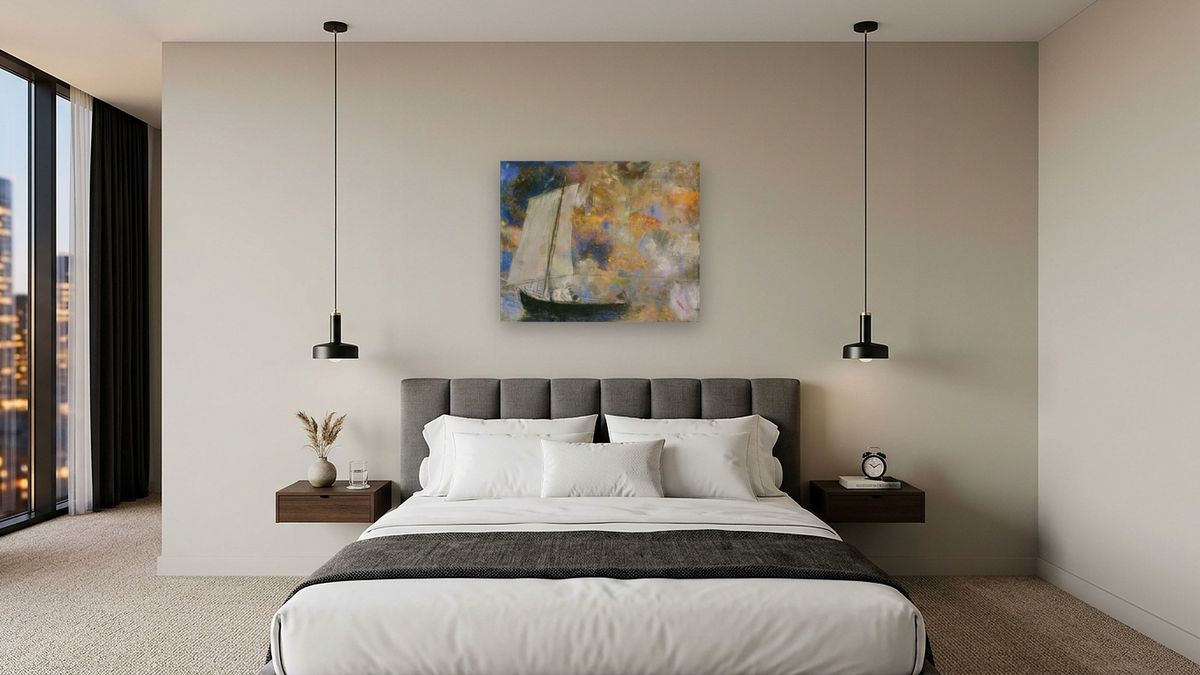 Flower Clouds by Odilon Redon, shown at 32 × 40 in (81.3 × 101.6 cm) as gallery-wrapped canvas, hotel guest room