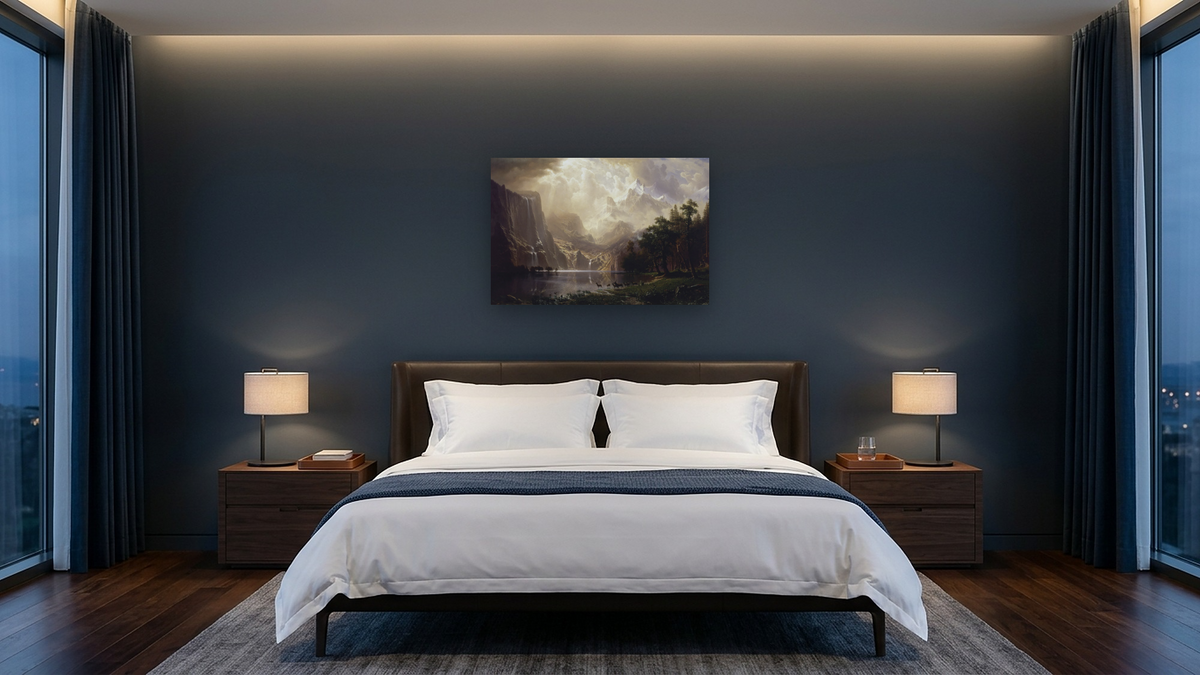 Among the Sierra Nevada, California by Albert Bierstadt, shown at 28 × 42 in (71.1 × 106.7 cm) as gallery-wrapped canvas, hotel guest room