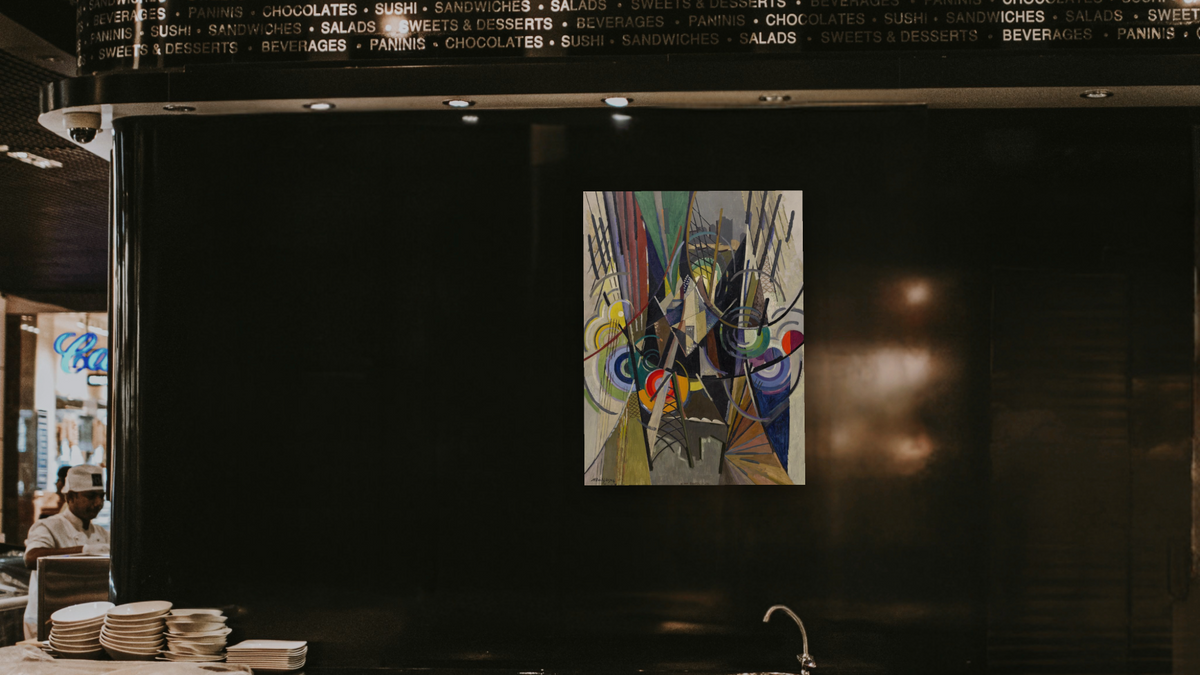On Brooklyn Bridge by Albert Gleizes, shown at 30 × 40 in (76.2 × 101.6 cm) as gallery-wrapped canvas, restaurant