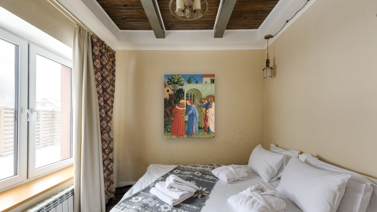 The Apostle Saint James the Greater Freeing the Magician Hermogenes by Fra Angelico, shown at 32 × 40 in (81.3 × 101.6 cm) as gallery-wrapped canvas, hotel guest room
