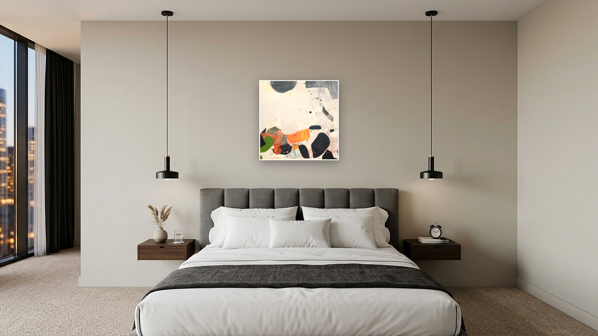 Snack 6 by Nino Yuniardi, shown at 32 × 32 in (81.3 × 81.3 cm) as gallery-wrapped canvas, hotel guest room