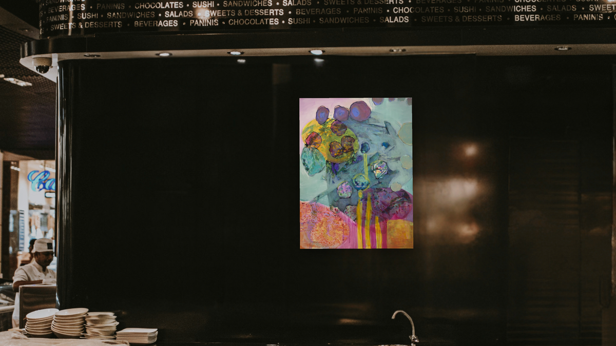 J's  Summer Garden by Diane Boone, shown at 30 × 40 in (76.2 × 101.6 cm) as gallery-wrapped canvas, restaurant