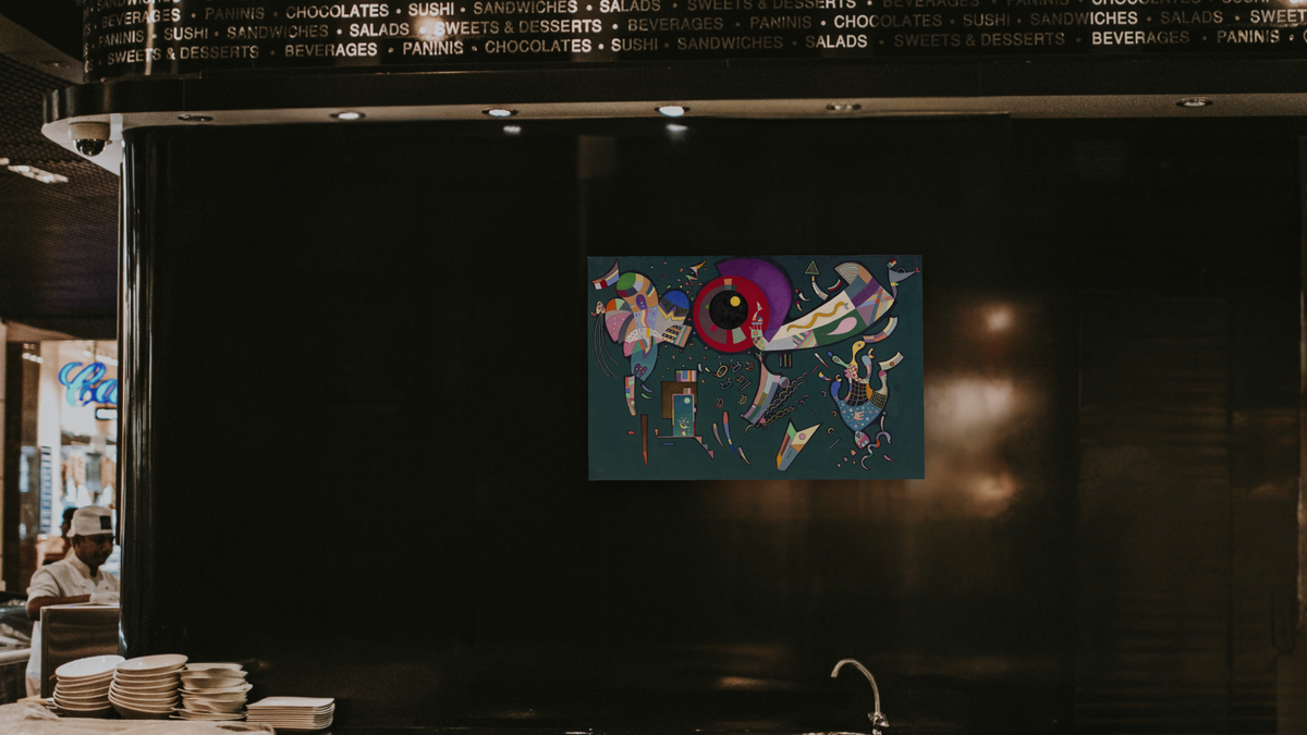Around the Circle, shown at 28 × 42 in (71.1 × 106.7 cm) as gallery-wrapped canvas, restaurant