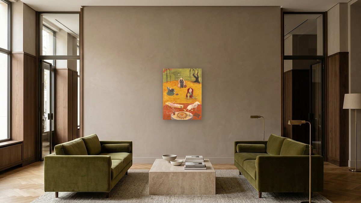 Heat by Florine Stettheimer, shown at 30 × 40 in (76.2 × 101.6 cm) as gallery-wrapped canvas, hotel lobby