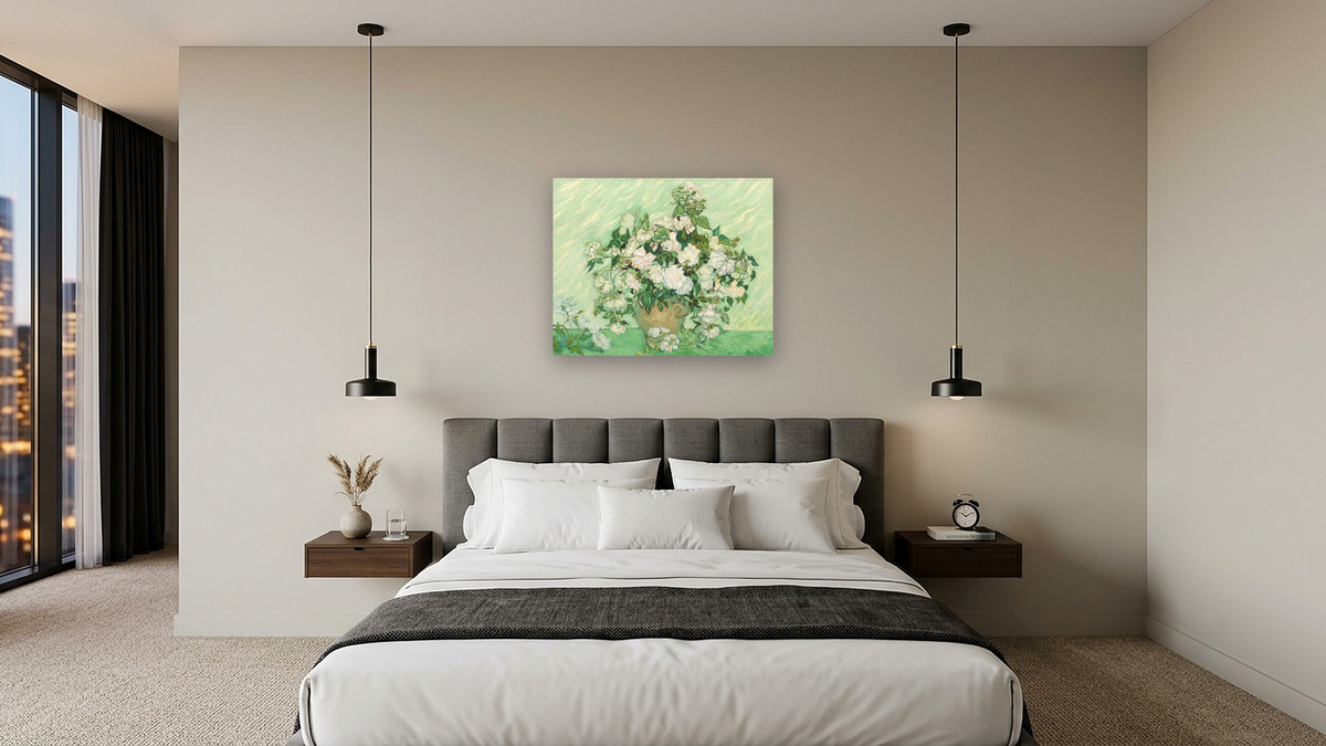 Roses by Vincent van Gogh, shown at 32 × 40 in (81.3 × 101.6 cm) as gallery-wrapped canvas, hotel guest room
