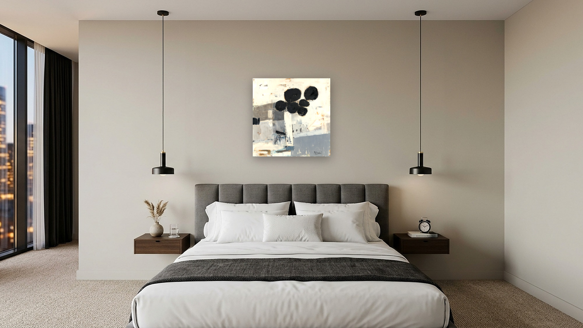 White Vase by Louise Gaskill, shown at 32 × 32 in (81.3 × 81.3 cm) as gallery-wrapped canvas, hotel guest room