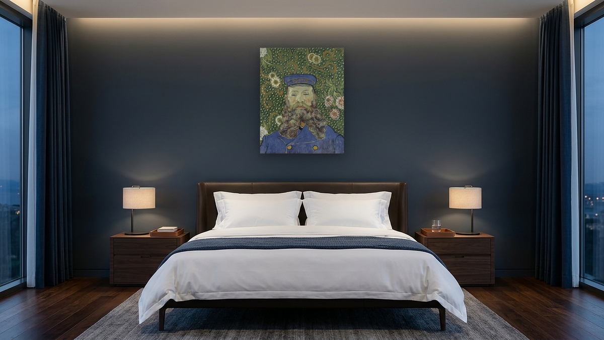 Portrait of the Postman Joseph Roulin by Vincent van Gogh, shown at 32 × 40 in (81.3 × 101.6 cm) as gallery-wrapped canvas, hotel guest room