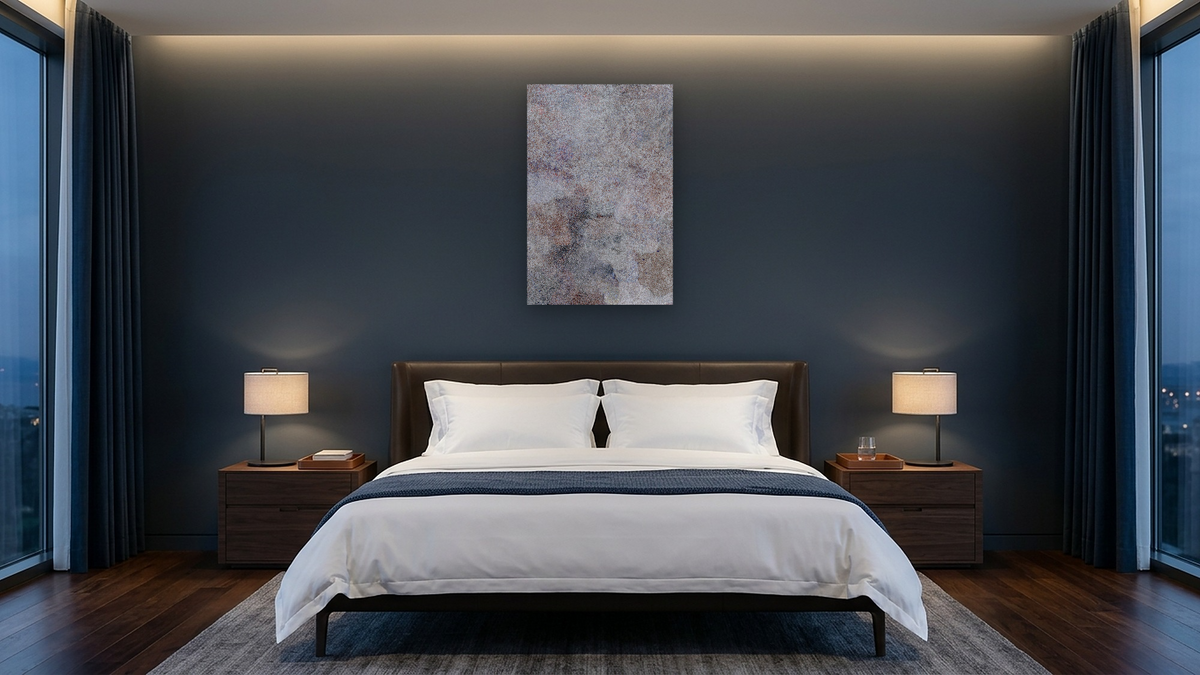 Arlparra, My Country, Bush Plum Country by Kathleen Ngal, shown at 28 × 42 in (71.1 × 106.7 cm) as gallery-wrapped canvas, hotel guest room