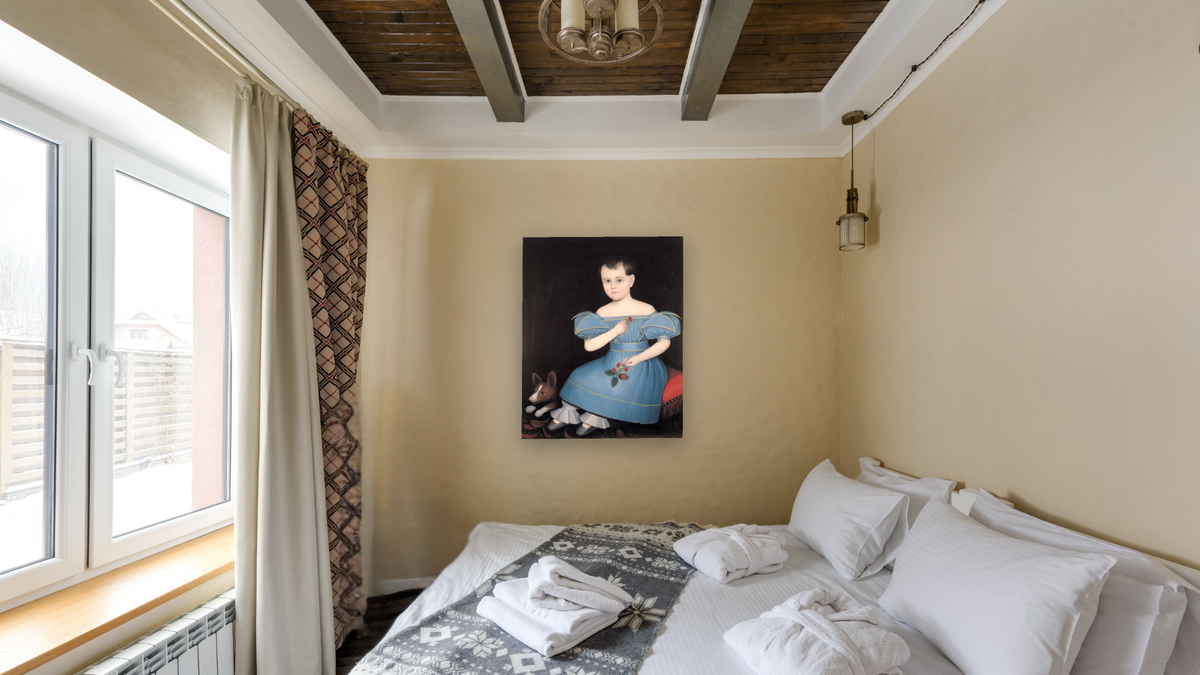 James Mairs Salisbury by Ammi Phillips, shown at 32 × 40 in (81.3 × 101.6 cm) as gallery-wrapped canvas, hotel guest room
