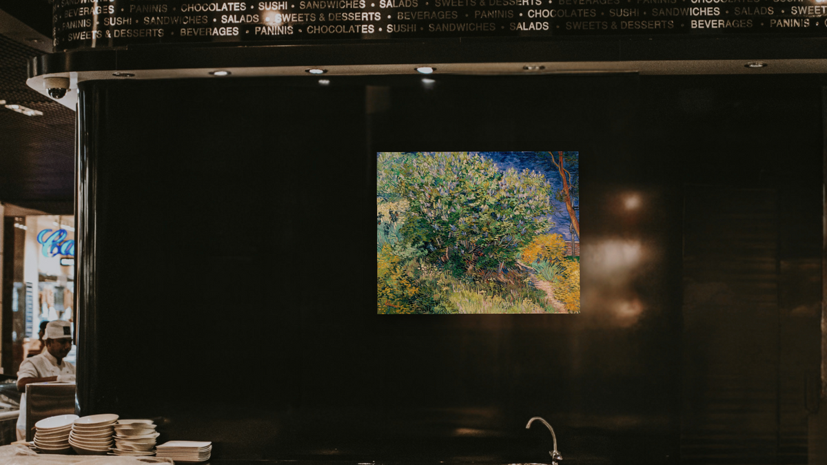 Lilac Bush by Vincent van Gogh, shown at 32 × 40 in (81.3 × 101.6 cm) as gallery-wrapped canvas, restaurant