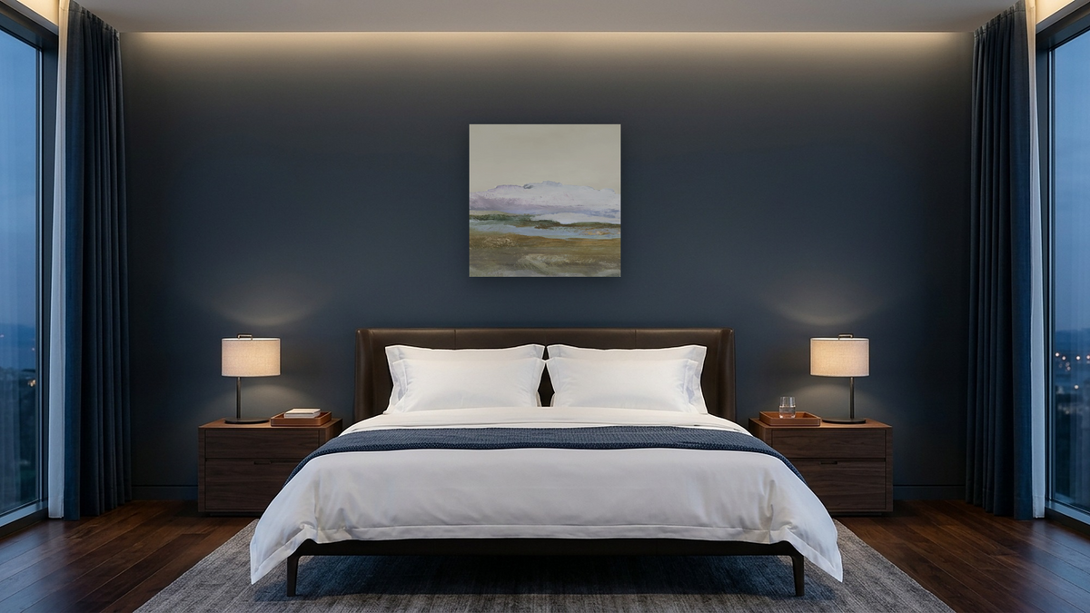 Element by Dan Hobday, shown at 32 × 32 in (81.3 × 81.3 cm) as gallery-wrapped canvas, hotel guest room