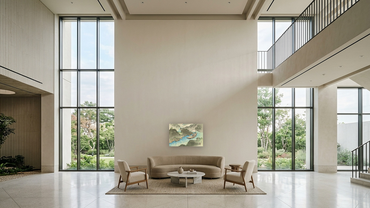 The Hozu Rapids (Shoka no Hozu-gawa) by Miki Suizan, shown at 28 × 42 in (71.1 × 106.7 cm) as gallery-wrapped canvas, hotel lobby
