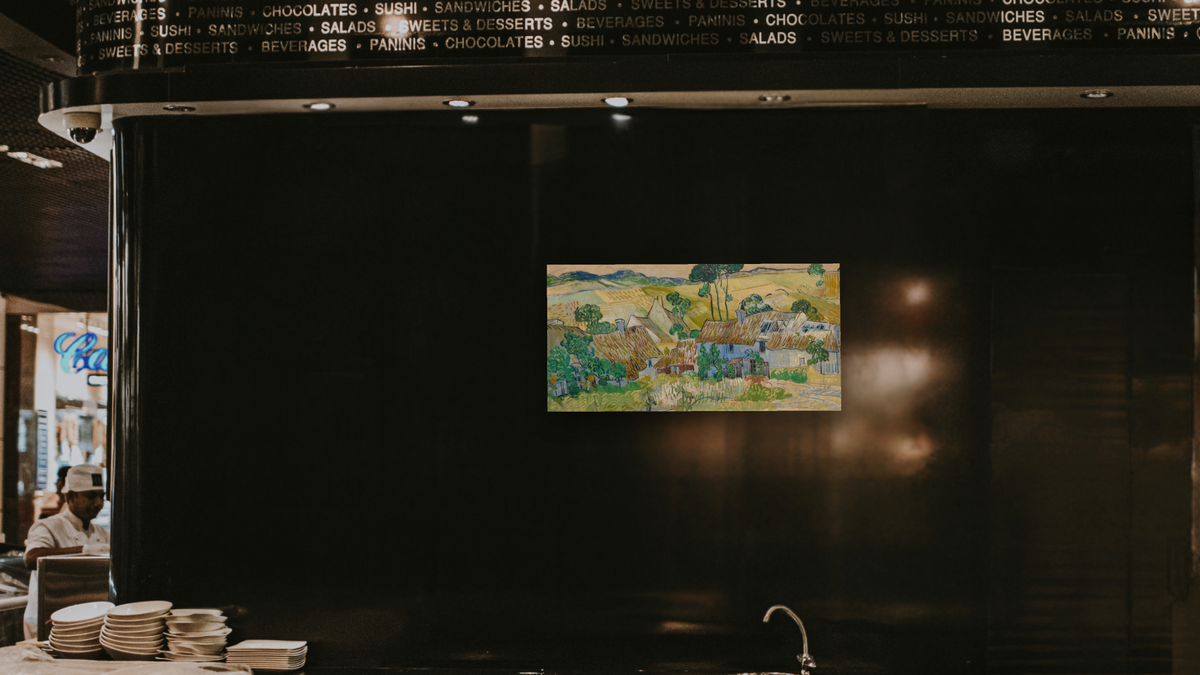 Farms near Auvers by Vincent van Gogh, shown at 20 × 40 in (50.8 × 101.6 cm) as gallery-wrapped canvas, restaurant