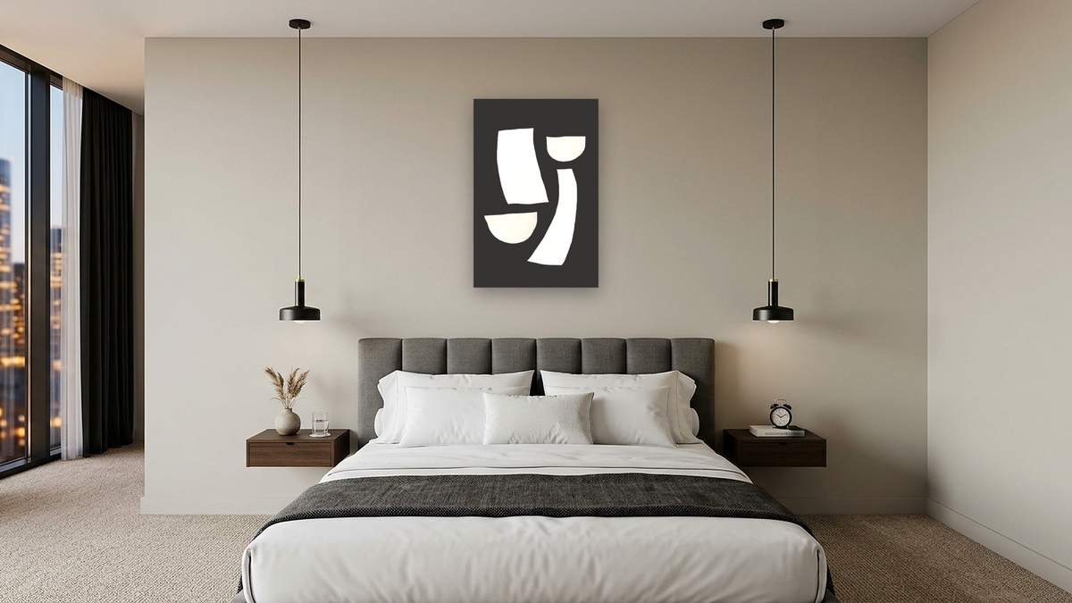 Minimal Pieces 4 by Dan Hobday, shown at 28 × 42 in (71.1 × 106.7 cm) as gallery-wrapped canvas, hotel guest room