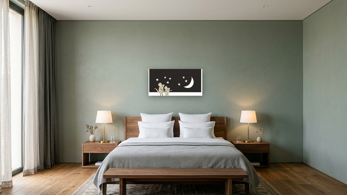Let's Play I by Leo Lionni, shown at 20 × 40 in (50.8 × 101.6 cm) as gallery-wrapped canvas, hotel guest room