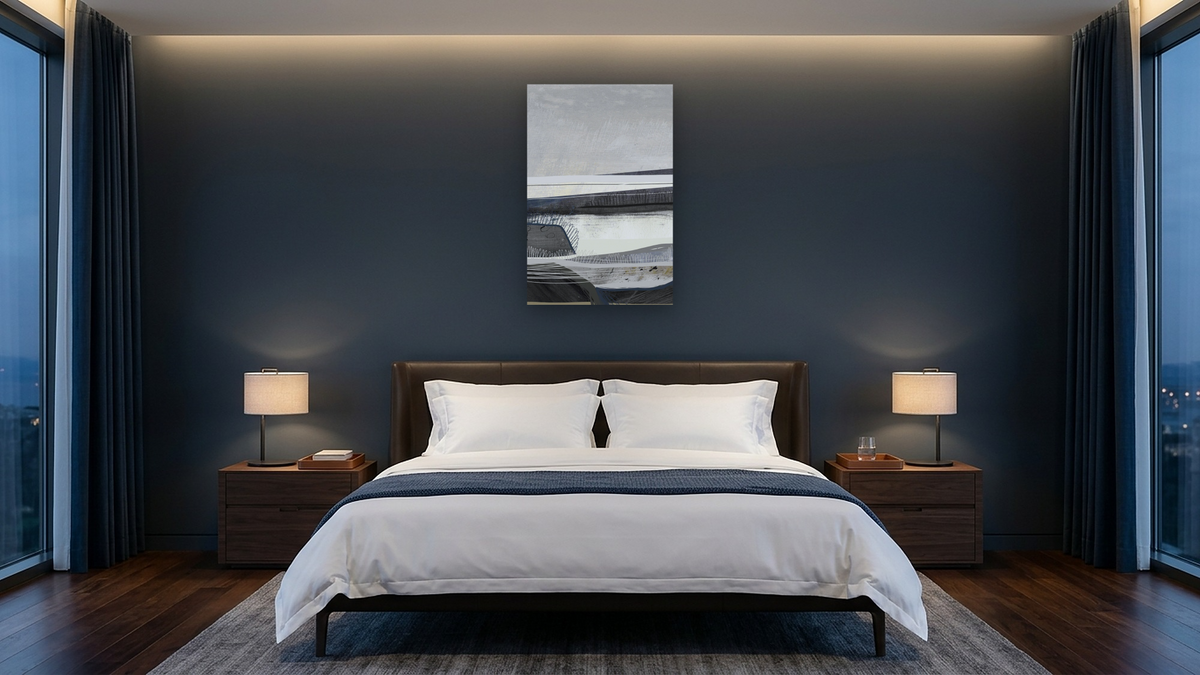 Bay 2 by Dan Hobday, shown at 28 × 42 in (71.1 × 106.7 cm) as gallery-wrapped canvas, hotel guest room