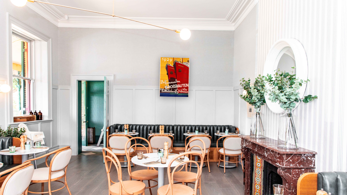 Die Kommenden Grossbauten Poster, shown at 30 × 40 in (76.2 × 101.6 cm) as gallery-wrapped canvas, restaurant