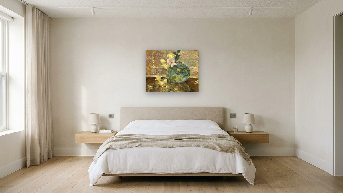 Roses in a Vase by Childe Hassam, shown at 32 × 40 in (81.3 × 101.6 cm) as gallery-wrapped canvas, hotel guest room