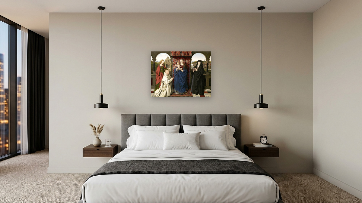 The Virgin and Child with Saints and Donor by Jan van Eyck, shown at 30 × 40 in (76.2 × 101.6 cm) as gallery-wrapped canvas, hotel guest room