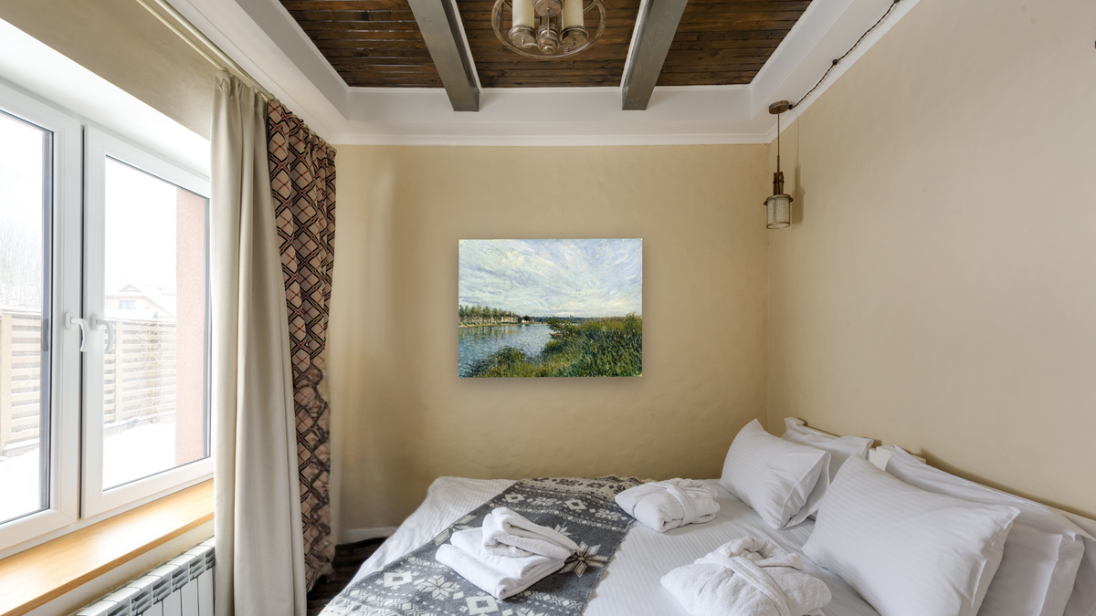 View of Saint-Mammes by Alfred Sisley, shown at 30 × 40 in (76.2 × 101.6 cm) as gallery-wrapped canvas, hotel guest room