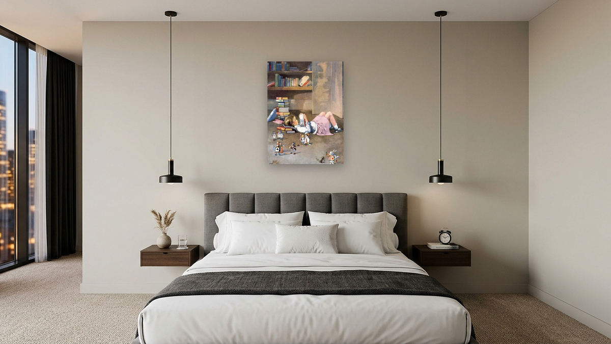 Alice in Wonderland: Girl Reading 'Alice in Wonderland' by Honor C. Appleton, shown at 30 × 40 in (76.2 × 101.6 cm) as gallery-wrapped canvas, hotel guest room