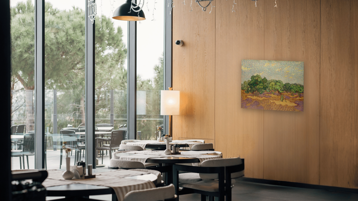 Olive Trees by Vincent van Gogh, shown at 32 × 40 in (81.3 × 101.6 cm) as gallery-wrapped canvas, restaurant