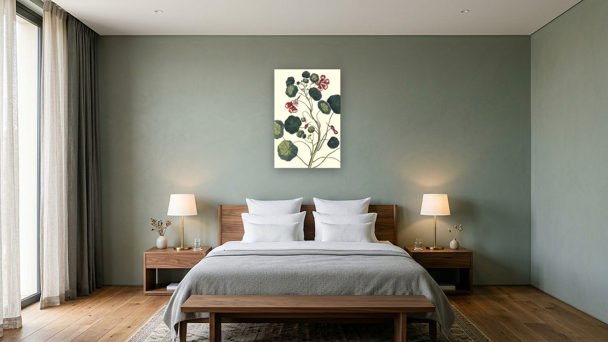 Nasturtium by Pierre Joseph Buchoz, shown at 28 × 42 in (71.1 × 106.7 cm) as gallery-wrapped canvas, hotel guest room