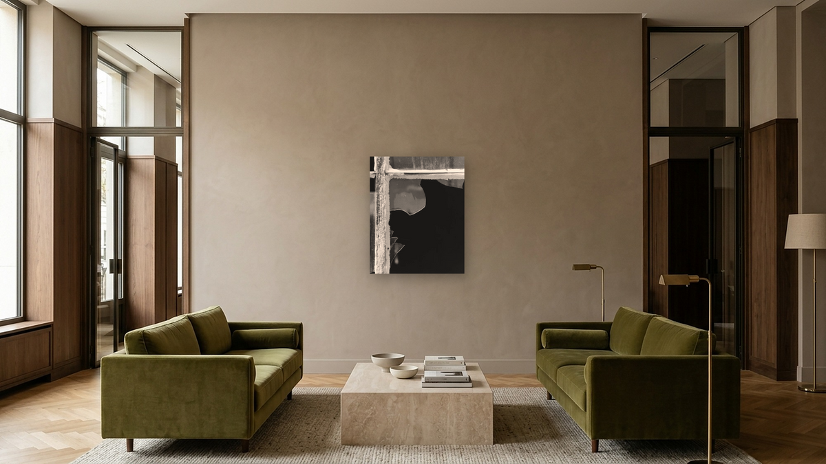 Broken Window Study #1 by Gordon Osmundson, shown at 32 × 40 in (81.3 × 101.6 cm) as gallery-wrapped canvas, hotel lobby