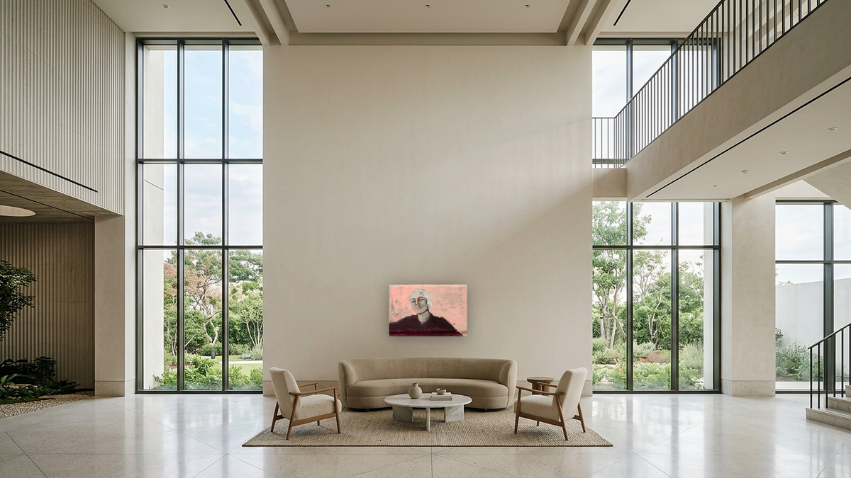 At a Glance by Dobee Snowber, shown at 28 × 42 in (71.1 × 106.7 cm) as gallery-wrapped canvas, hotel lobby