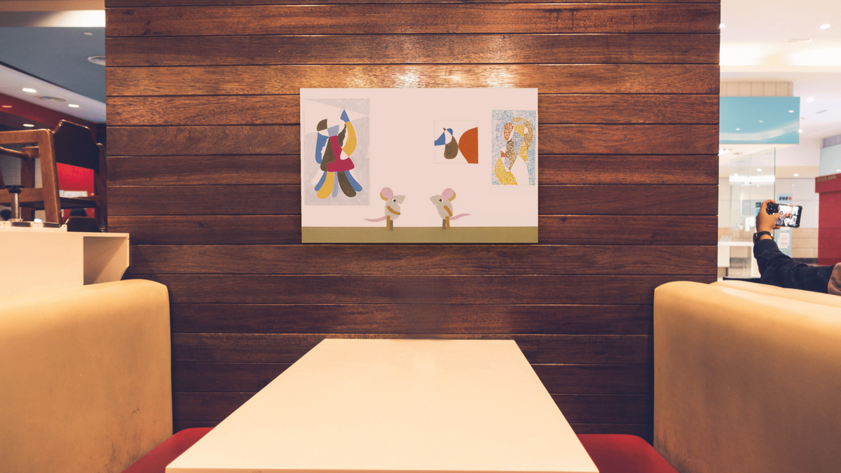 Matthew's Dream VI, shown at 28 × 42 in (71.1 × 106.7 cm) as gallery-wrapped canvas, restaurant