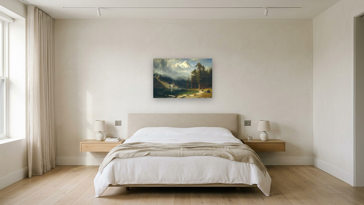 Mount Corcoran by Albert Bierstadt, shown at 28 × 42 in (71.1 × 106.7 cm) as gallery-wrapped canvas, hotel guest room