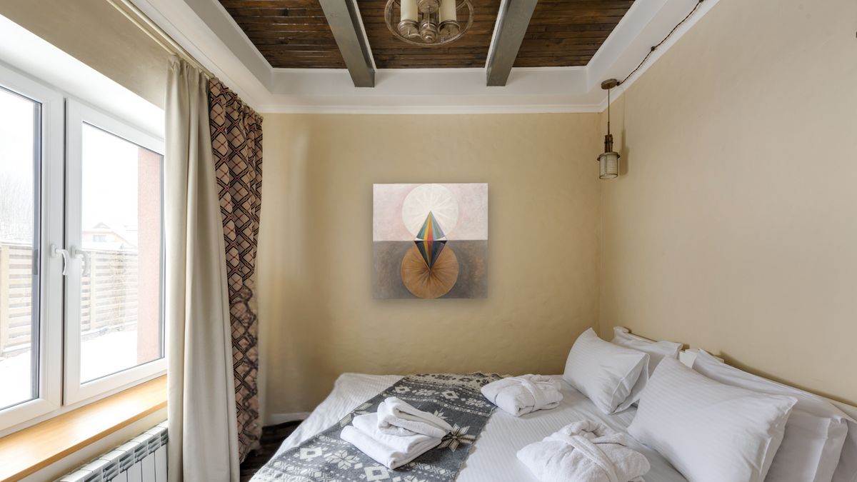 Group IX/SUW, No. 12, The Swan by Hilma af Klint, shown at 32 × 32 in (81.3 × 81.3 cm) as gallery-wrapped canvas, hotel guest room
