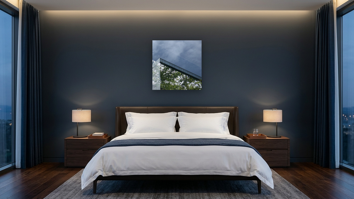 I Brought You a Box of Forest and Light by Judith Rayl, shown at 32 × 32 in (81.3 × 81.3 cm) as gallery-wrapped canvas, hotel guest room