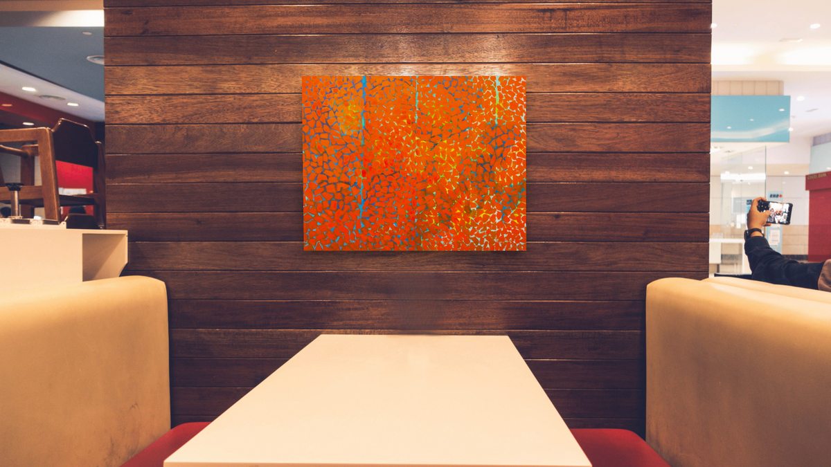 Autumn Leaves Fluttering in the Breeze by Alma Thomas, shown at 32 × 40 in (81.3 × 101.6 cm) as gallery-wrapped canvas, restaurant