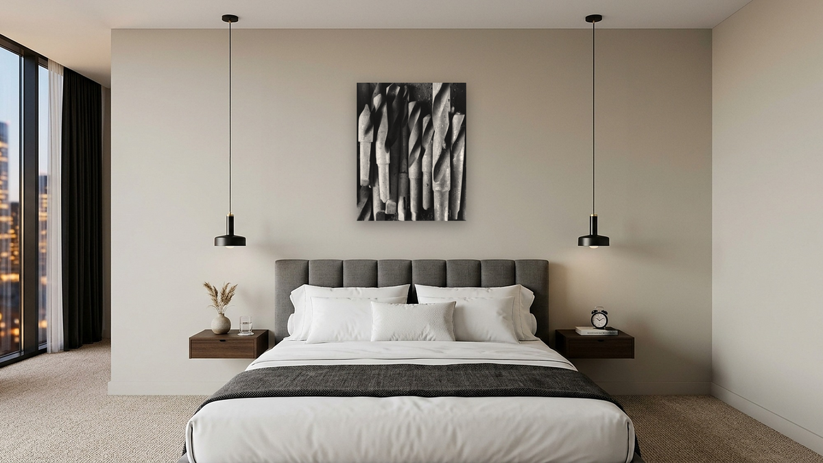 Drill Bits by Gordon Osmundson, shown at 32 × 40 in (81.3 × 101.6 cm) as gallery-wrapped canvas, hotel guest room