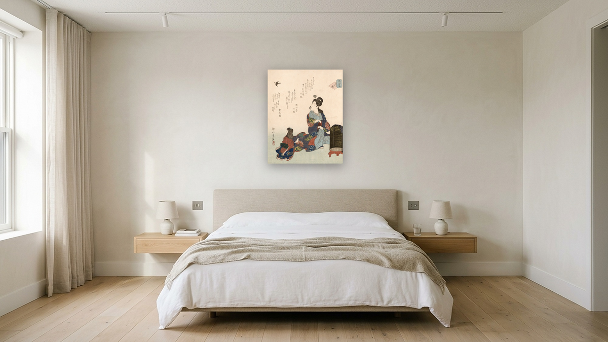 Kokoro no hana 'Flowers of the heart' by Yanagawa Shigenobu II, shown at 32 × 40 in (81.3 × 101.6 cm) as gallery-wrapped canvas, hotel guest room
