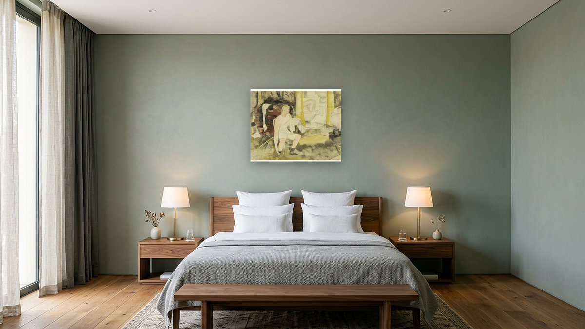 Eight O'Clock (Morning) #2 by Charles Demuth, shown at 32 × 40 in (81.3 × 101.6 cm) as gallery-wrapped canvas, hotel guest room