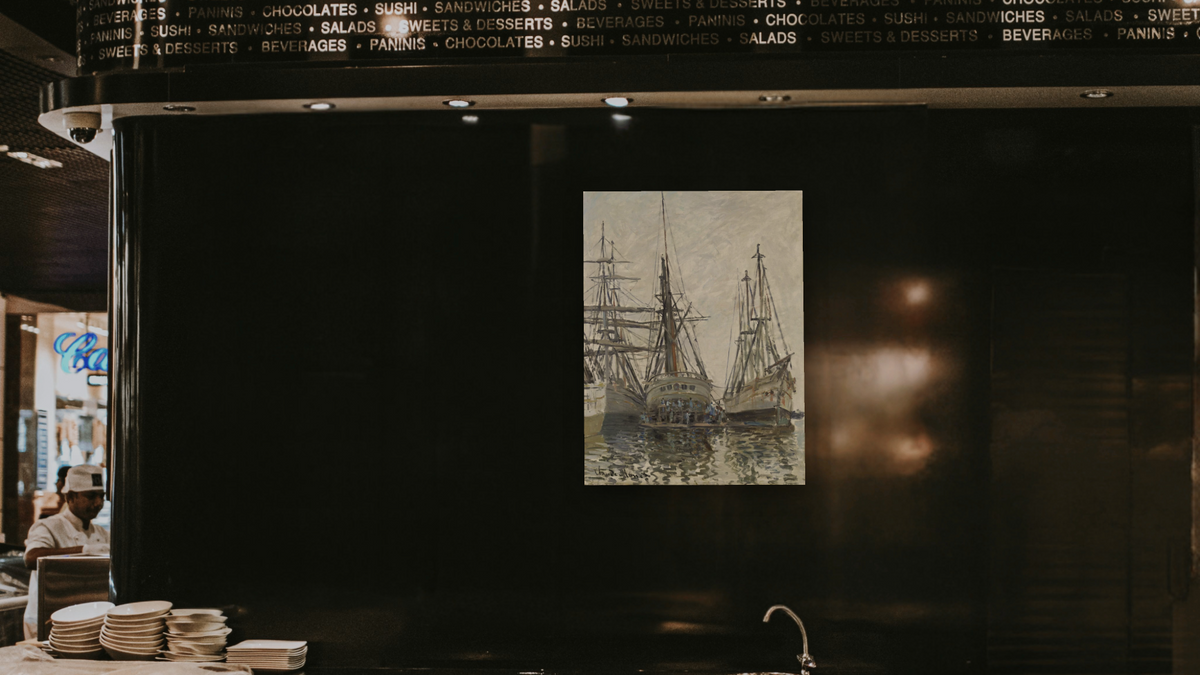 Boats in a Harbour by Claude Monet, shown at 30 × 40 in (76.2 × 101.6 cm) as gallery-wrapped canvas, restaurant