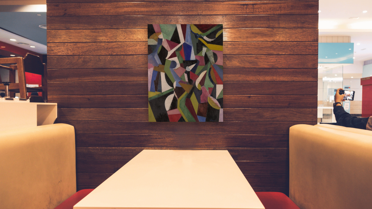 Composition I by Patrick Henry Bruce, shown at 30 × 40 in (76.2 × 101.6 cm) as gallery-wrapped canvas, restaurant