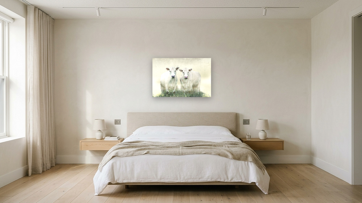 alabaster by Brandon Luther, shown at 28 × 42 in (71.1 × 106.7 cm) as gallery-wrapped canvas, hotel guest room