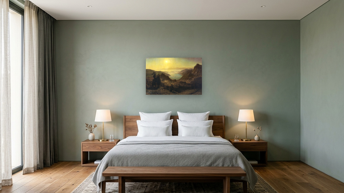 Donner Lake from the Summit by Albert Bierstadt, shown at 28 × 42 in (71.1 × 106.7 cm) as gallery-wrapped canvas, hotel guest room