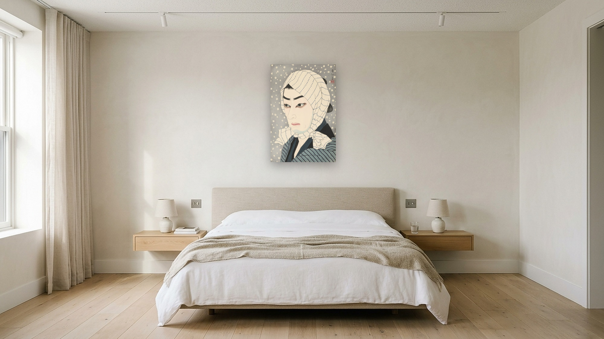 Ichimura Uzayemon as Naoji by Natori Shunsen, shown at 28 × 42 in (71.1 × 106.7 cm) as gallery-wrapped canvas, hotel guest room