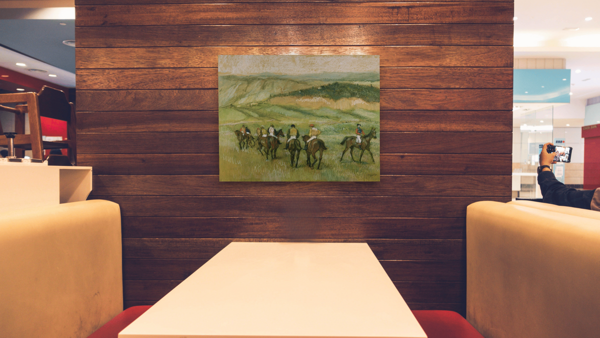 Before the Race by Edgar Degas, shown at 32 × 40 in (81.3 × 101.6 cm) as gallery-wrapped canvas, restaurant