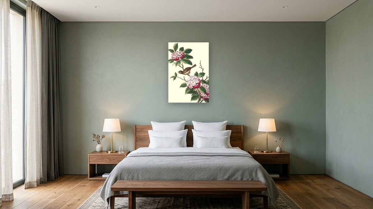 Pink Viburnum with bird by Pierre Joseph Buchoz, shown at 28 × 42 in (71.1 × 106.7 cm) as gallery-wrapped canvas, hotel guest room