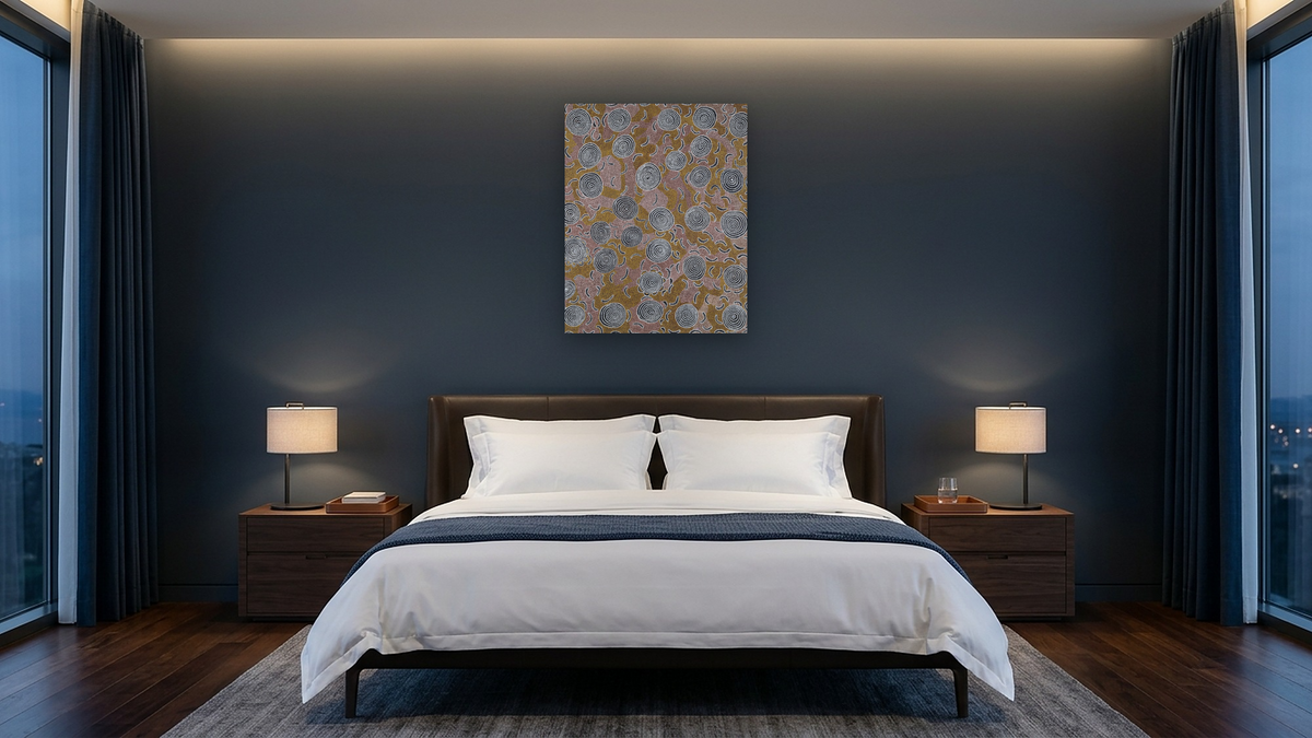Water Dreaming by Johnny Warangkula Tjupurrula, shown at 32 × 40 in (81.3 × 101.6 cm) as gallery-wrapped canvas, hotel guest room