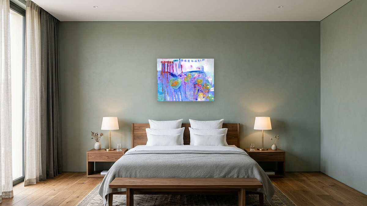 J's Spring Garden by Diane Boone, shown at 30 × 40 in (76.2 × 101.6 cm) as gallery-wrapped canvas, hotel guest room
