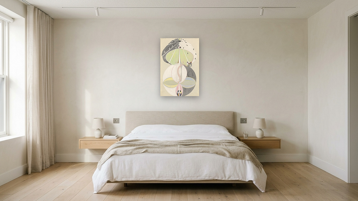 Tree of Knowledge, No. 5 by Hilma af Klint, shown at 28 × 42 in (71.1 × 106.7 cm) as gallery-wrapped canvas, hotel guest room