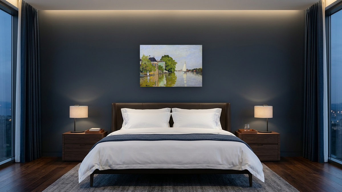 Houses on the Achterzaan by Claude Monet, shown at 28 × 42 in (71.1 × 106.7 cm) as gallery-wrapped canvas, hotel guest room